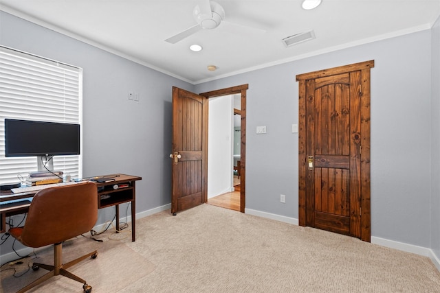 office featuring crown molding, ceiling fan, and light colored carpet