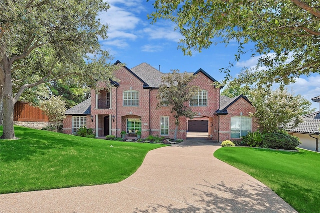 view of front of property featuring a front lawn and a garage