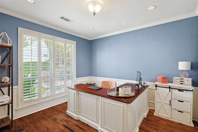 office featuring ornamental molding, dark hardwood / wood-style floors, and plenty of natural light