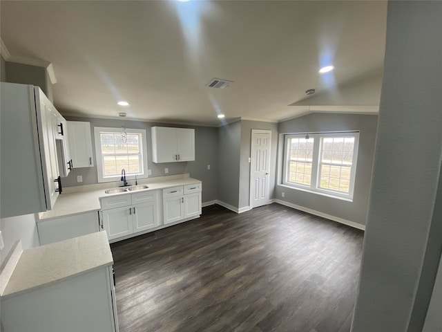207 County Road 2005, Corsicana, TX 75110 - kitchen featuring lofted ceiling, sink, white cabinetry, dark hardwood / wood-style flooring, and ornamental molding