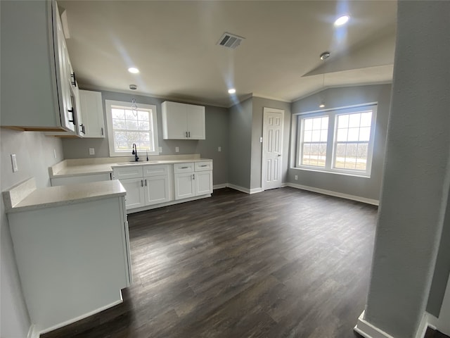 207 County Road 2005, Corsicana, TX 75110 - kitchen featuring dark wood-type flooring, sink, white cabinetry, and vaulted ceiling