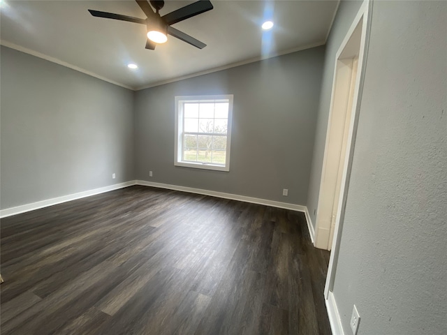 207 County Road 2005, Corsicana, TX 75110 - spare room featuring ceiling fan, lofted ceiling, crown molding, and dark hardwood / wood-style flooring