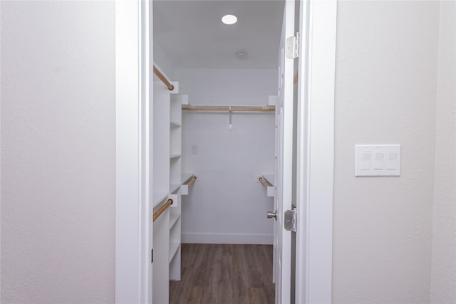 walk in closet with dark wood-type flooring