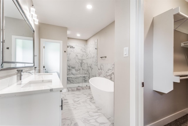 bathroom with plus walk in shower and vanity