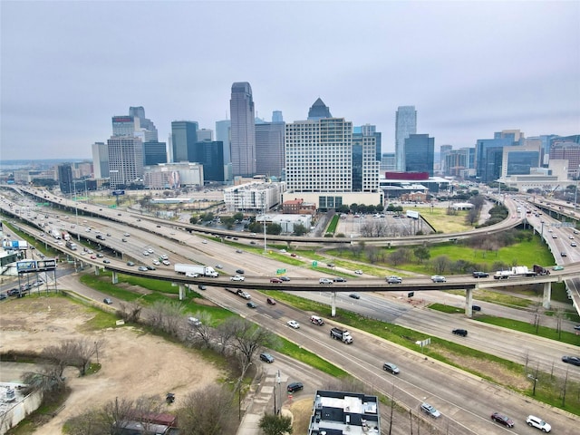 drone / aerial view with a city view