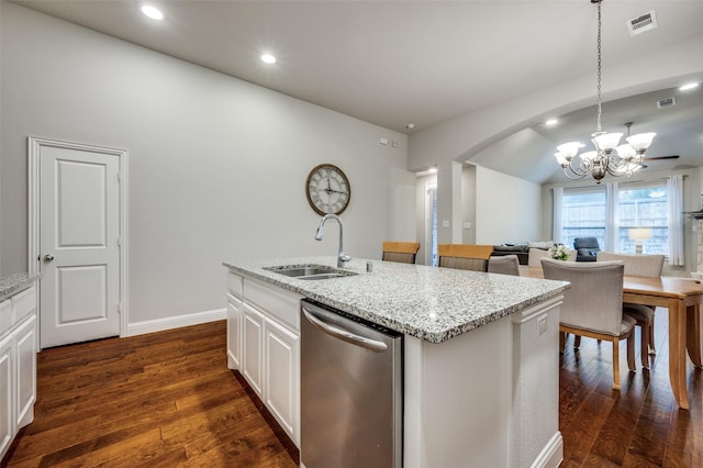 kitchen featuring a sink, a kitchen island with sink, white cabinetry, and stainless steel dishwasher