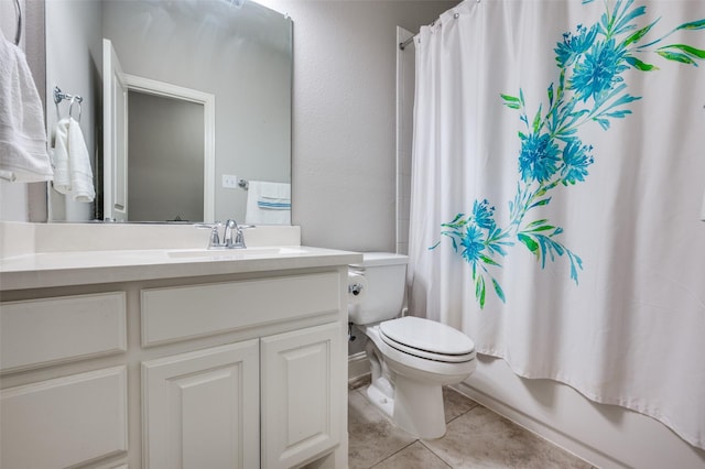 full bath featuring toilet, shower / bathtub combination with curtain, vanity, and tile patterned floors