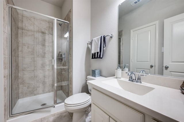 full bath with visible vents, a shower stall, toilet, and vanity