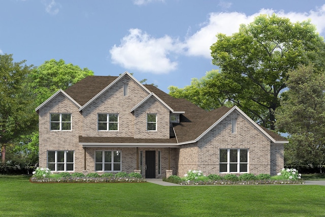 craftsman-style home featuring brick siding, roof with shingles, and a front yard