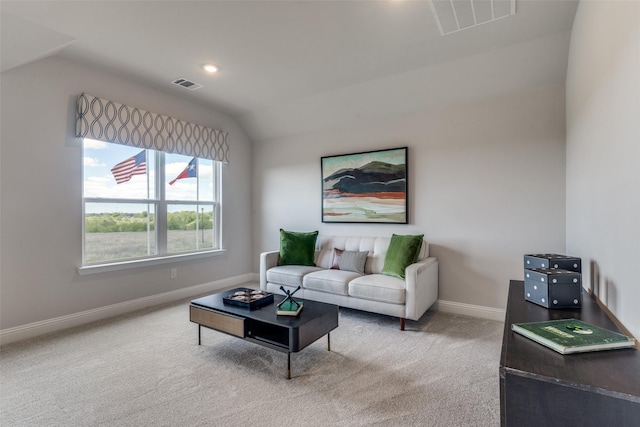 carpeted living room with lofted ceiling, baseboards, visible vents, and recessed lighting