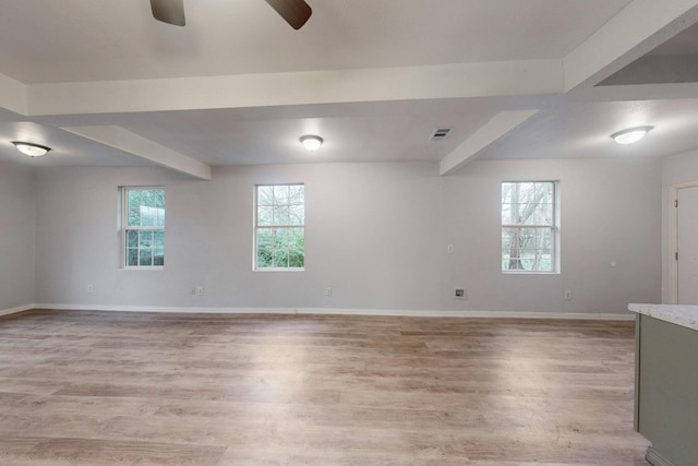 505 Oak St, Commerce, TX 75428 - empty room with ceiling fan, light wood-type flooring, baseboards, and beam ceiling