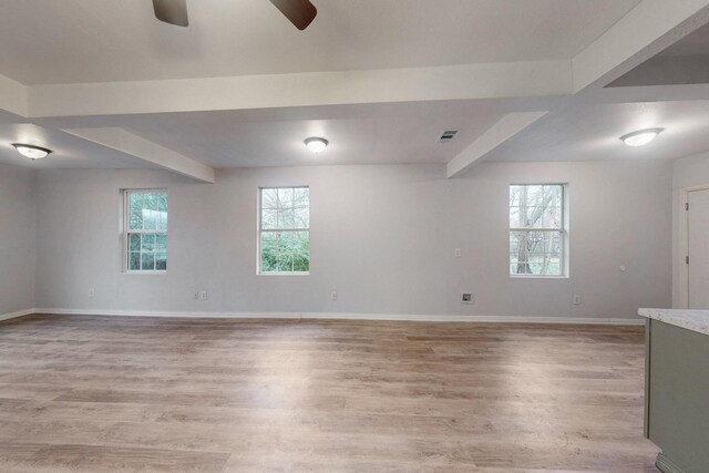 505 Oak St, Commerce, TX 75428 - empty room with ceiling fan, light wood-type flooring, baseboards, and beam ceiling