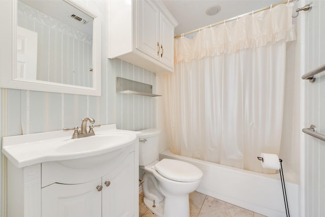 full bathroom featuring tile patterned flooring, toilet, shower / tub combo, visible vents, and vanity