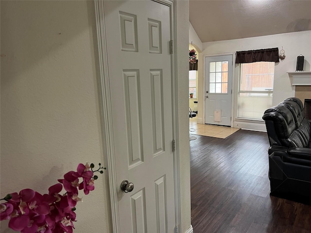 entrance foyer featuring lofted ceiling and hardwood / wood-style floors