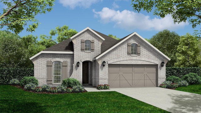 french provincial home featuring a garage and a front yard