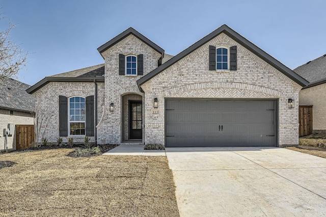 french country inspired facade featuring fence, roof with shingles, concrete driveway, a garage, and brick siding