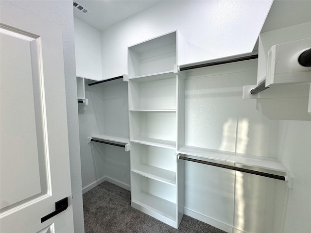 walk in closet with dark carpet