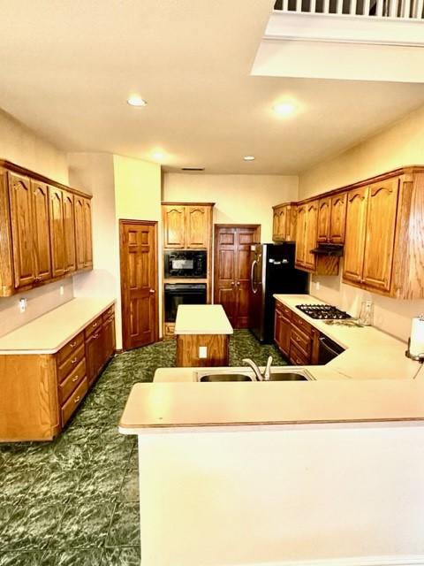 kitchen with sink, kitchen peninsula, and black appliances