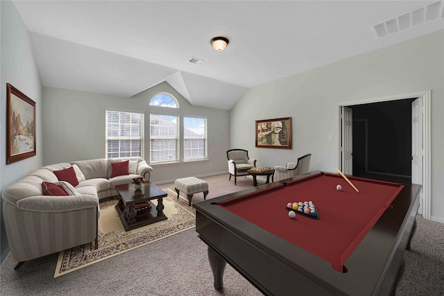 rec room featuring vaulted ceiling, pool table, and carpet floors