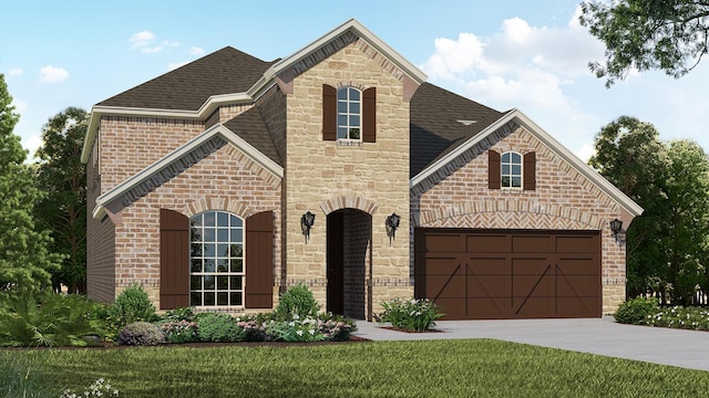 view of front of home featuring a garage and a front lawn