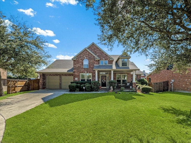 view of front facade featuring a garage, covered porch, and a front yard