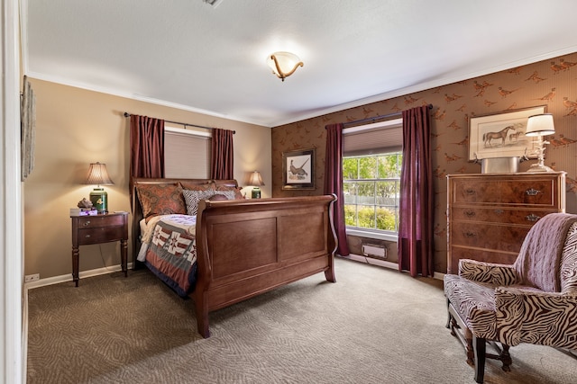 bedroom featuring carpet floors and ornamental molding