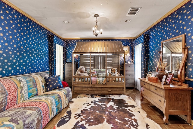 bedroom featuring crown molding, parquet floors, and an inviting chandelier