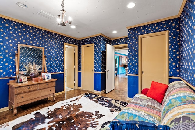 bedroom featuring a chandelier, crown molding, and parquet flooring