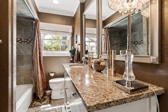 full bathroom with shower / bath combination with curtain, vanity, crown molding, and toilet