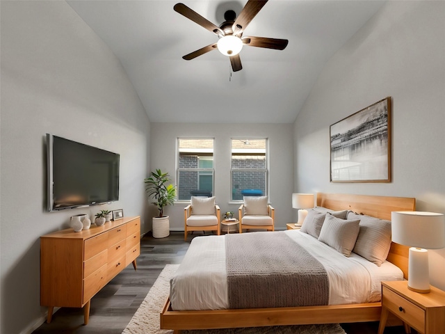 bedroom featuring lofted ceiling, ceiling fan, and dark wood finished floors