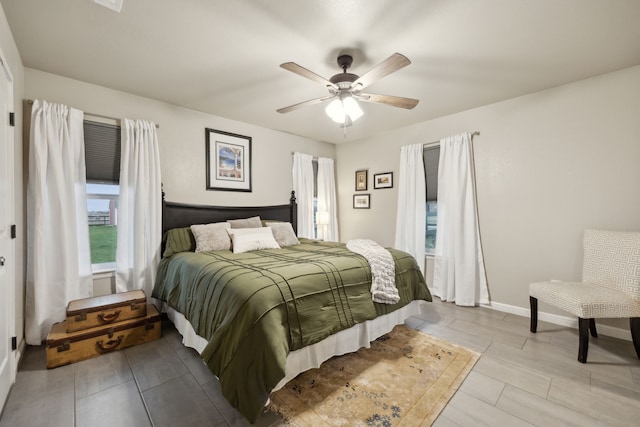 bedroom featuring ceiling fan and baseboards