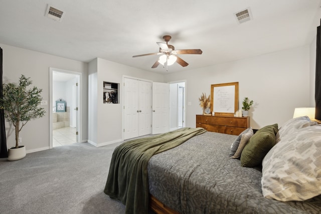 bedroom with a ceiling fan, visible vents, light carpet, and baseboards