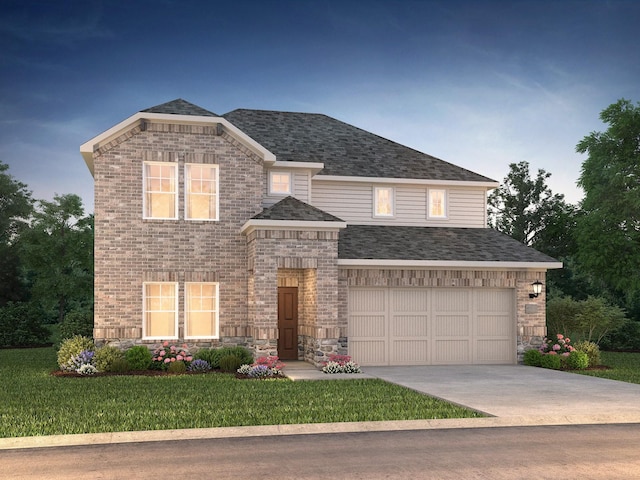 view of front of house with driveway, roof with shingles, an attached garage, and brick siding