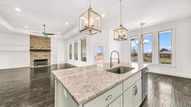 kitchen featuring dark wood finished floors, ornamental molding, a raised ceiling, and a sink