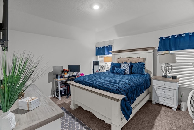 bedroom featuring dark colored carpet