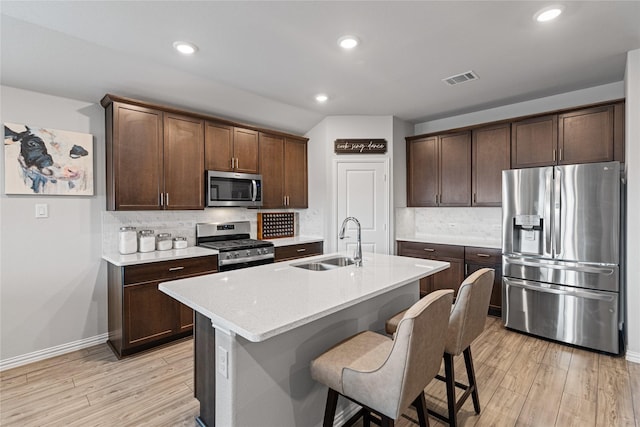 kitchen with a kitchen island with sink, stainless steel appliances, light hardwood / wood-style floors, sink, and tasteful backsplash