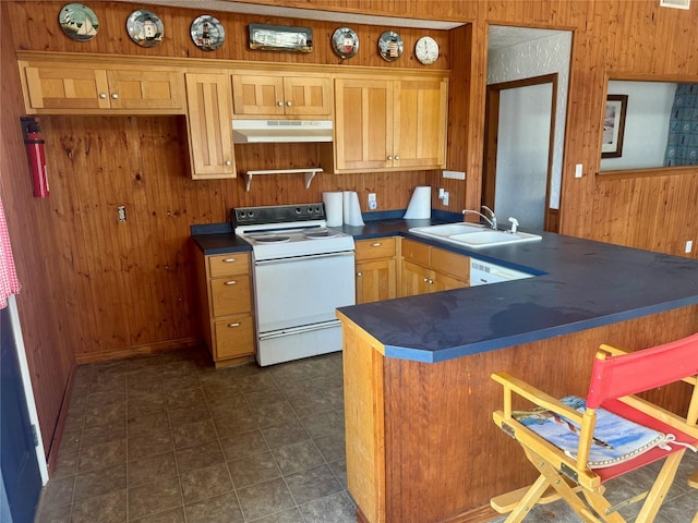 kitchen featuring sink, kitchen peninsula, white range with electric stovetop, and wooden walls