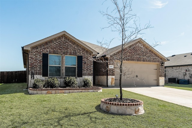 single story home with a garage, central air condition unit, and a front yard