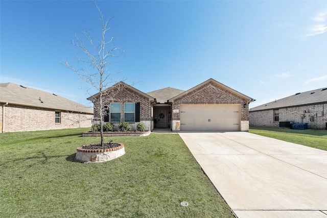 ranch-style home featuring a front yard and a garage