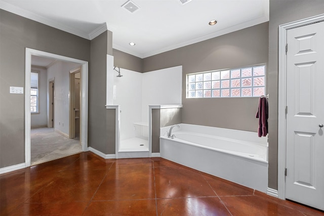 bathroom featuring separate shower and tub and ornamental molding