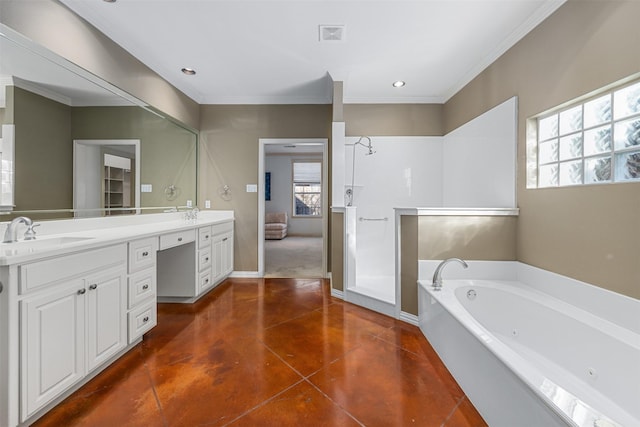 bathroom featuring ornamental molding, vanity, concrete flooring, and shower with separate bathtub