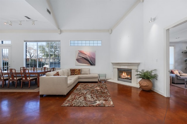 living room featuring rail lighting, ornamental molding, and a high ceiling