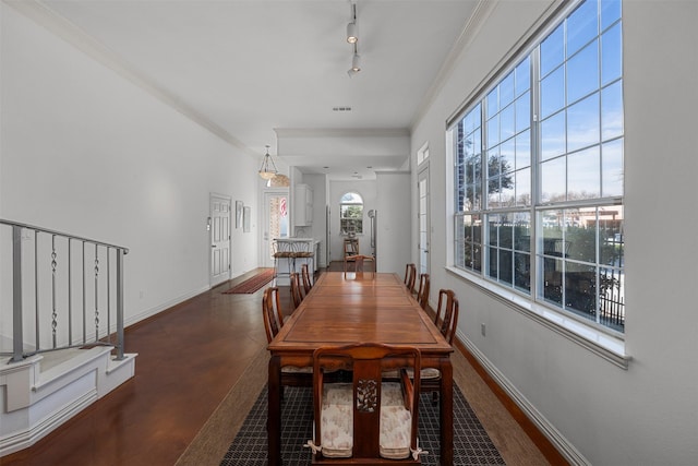 dining room featuring track lighting and ornamental molding