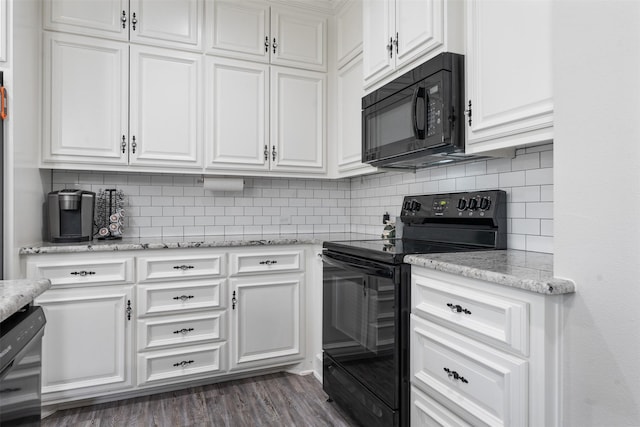 656 Calmwater Ct, Mabank, TX 75143 - kitchen featuring tasteful backsplash, light stone counters, black appliances, dark wood-style floors, and white cabinetry