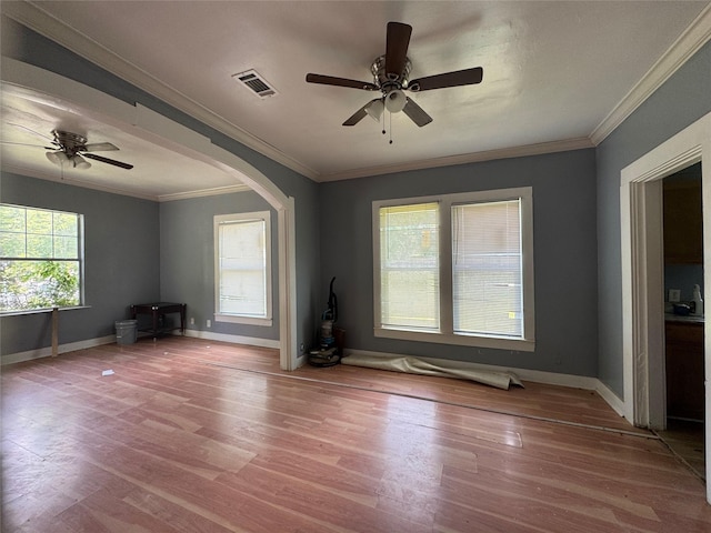 2917 Walnut St, Greenville, TX 75401 - unfurnished room featuring a ceiling fan, wood finished floors, ornamental molding, and baseboards