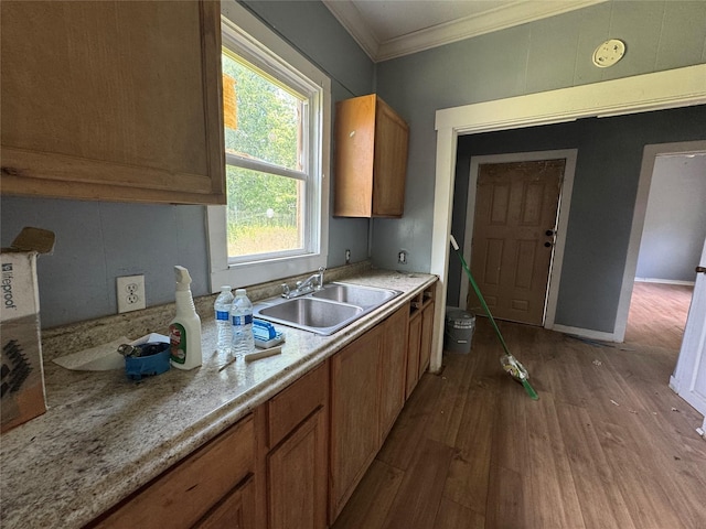 2917 Walnut St, Greenville, TX 75401 - kitchen featuring a sink, dark wood-style flooring, ornamental molding, light countertops, and brown cabinetry