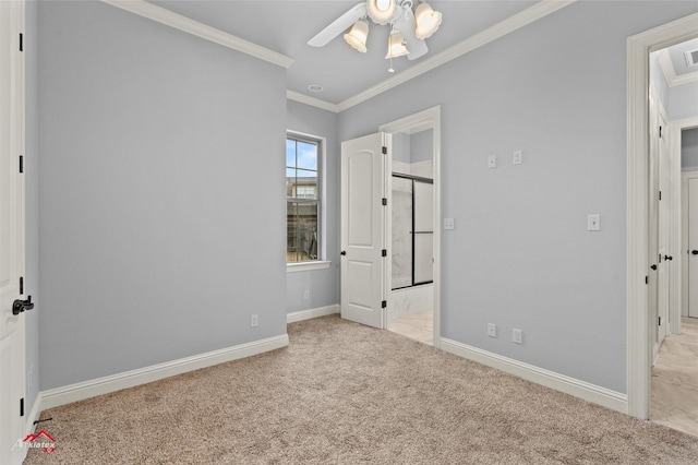 unfurnished bedroom featuring ensuite bathroom, crown molding, and light colored carpet