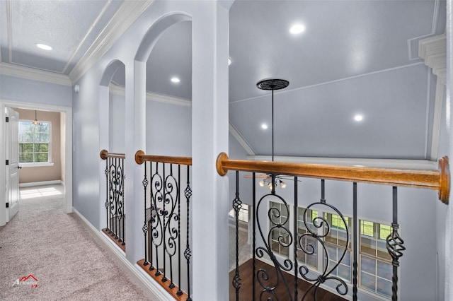 hall with crown molding, carpet flooring, and a textured ceiling