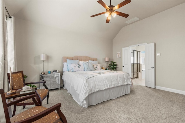 carpeted bedroom featuring vaulted ceiling and ceiling fan