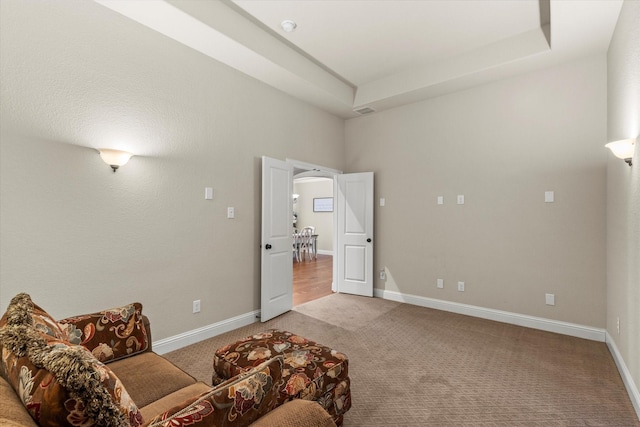 sitting room with carpet floors and a raised ceiling